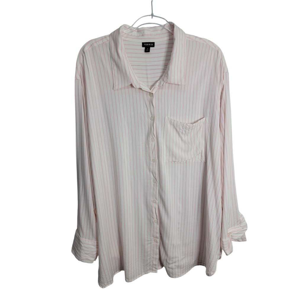 Torrid Womens 3X Button Down Shirt Pink White Striped Long Sleeve Rayon 19640055